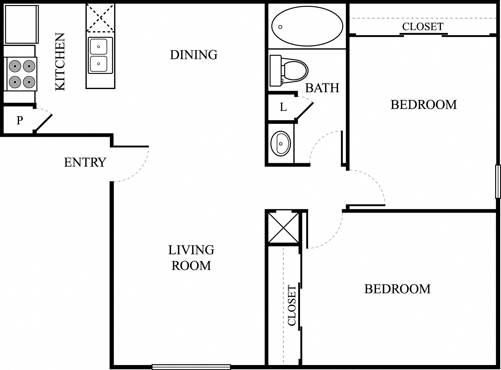Floor plan for 2 beds, 1 bath, 870 sqft